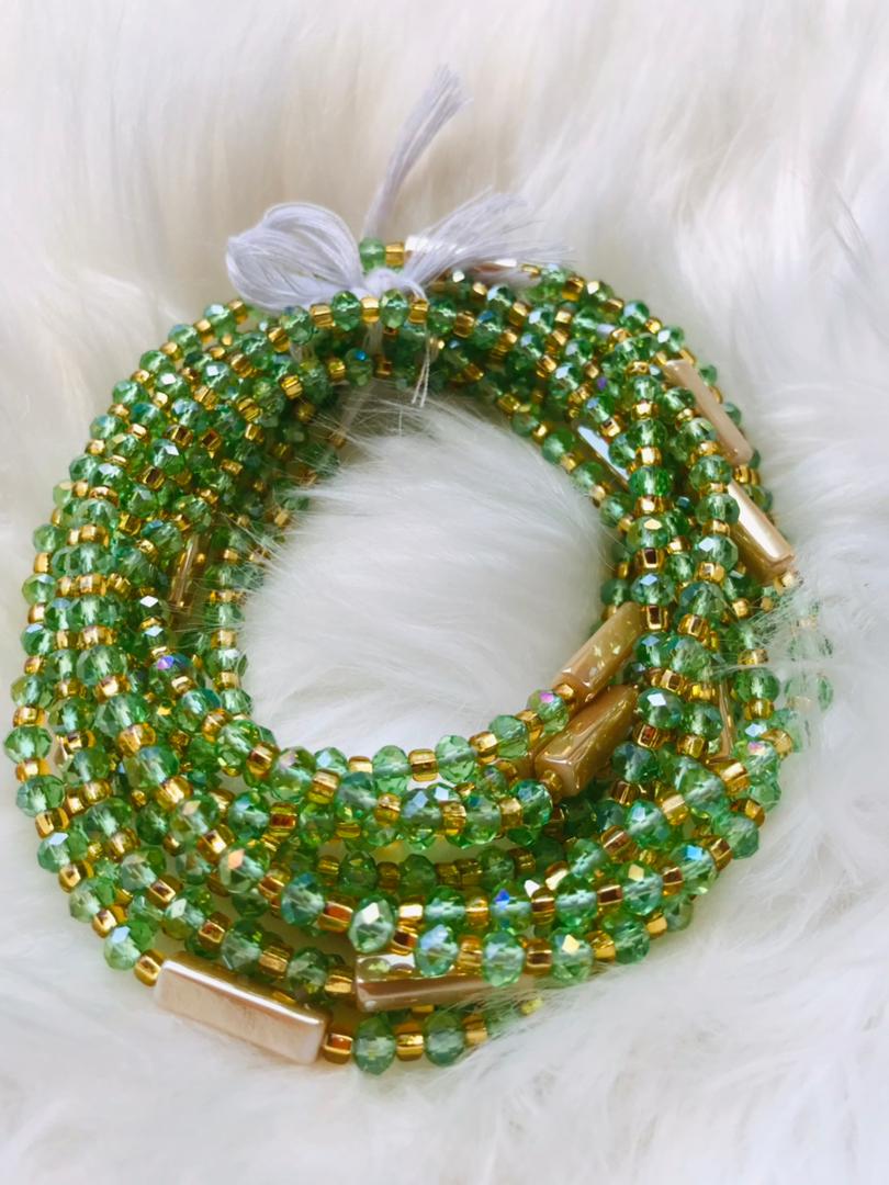 Green Waist Beads, Waist Beads With Crystals Black Owned, Waist Beads Black  Own, Green Seed Beads With Gold and Crystals, Crystal Waist Bead 